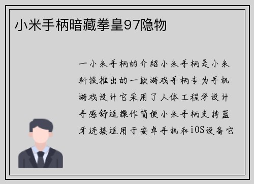 小米手柄暗藏拳皇97隐物